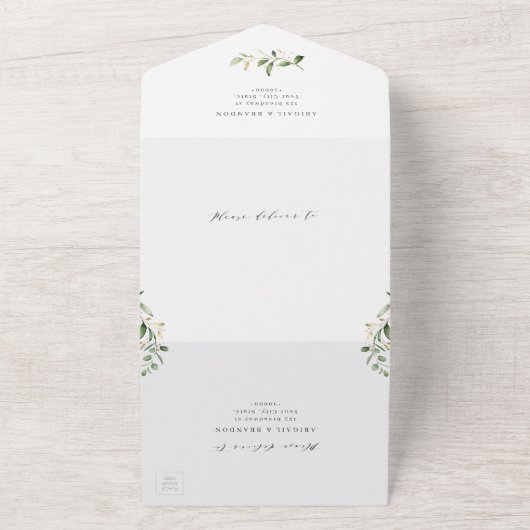 Modern Greenery Gold Geometric Rustic Wedding All In One Uitnodiging (Buitenkant)