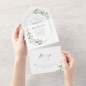 Modern Greenery Gold Geometric Rustic Wedding All In One Uitnodiging (Afscheurbaar)