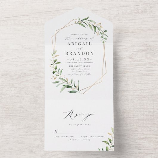Modern Greenery Gold Geometric Rustic Wedding All In One Uitnodiging (Binnen)