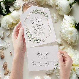 Modern Greenery Gold Geometric Rustic Wedding All In One Uitnodiging