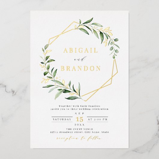 Modern Greenery Gold Geometric Rustic Wedding Folie Uitnodiging (Voorkant)
