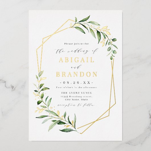 Modern Greenery Gold Geometric Rustic Wedding Folie Uitnodiging (Voorkant)