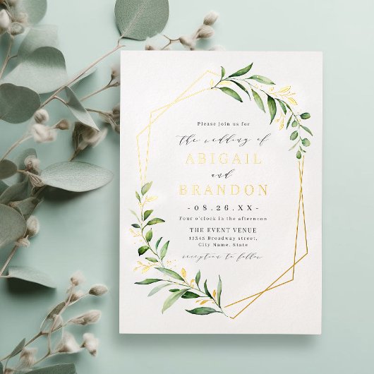 Modern Greenery Gold Geometric Rustic Wedding Folie Uitnodiging