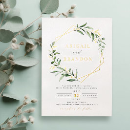 Modern Greenery Gold Geometric Rustic Wedding Folie Uitnodiging