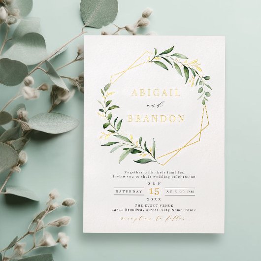 Modern Greenery Gold Geometric Rustic Wedding Folie Uitnodiging