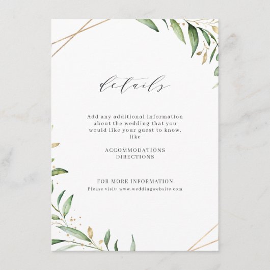 Modern Greenery Gold Geometric Rustic Wedding Informatiekaartje (Voorkant)