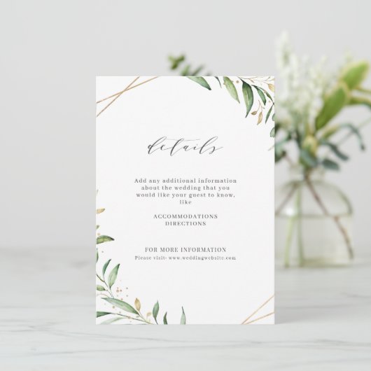Modern Greenery Gold Geometric Rustic Wedding Informatiekaartje (Staand voorkant)