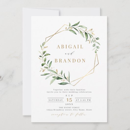 Modern Greenery Gold Geometric Rustic Wedding Kaart (Voorkant)