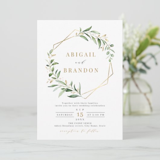 Modern Greenery Gold Geometric Rustic Wedding Kaart (Staand voorkant)