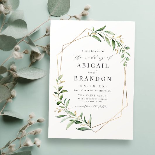Modern Greenery Gold Geometric Rustic Wedding Kaart