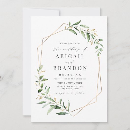 Modern Greenery Gold Geometric Rustic Wedding Kaart (Voorkant)