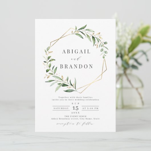 Modern Greenery Gold Geometric Rustic Wedding Kaart (Staand voorkant)