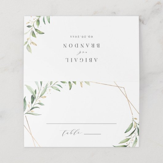 Modern Greenery Gold Geometric Rustic Wedding Plaatskaartje (Buitenkant ongevouwen)