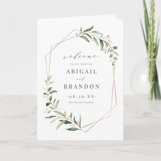Modern Greenery Gold Geometric Rustic Wedding Programma (Voorkant)