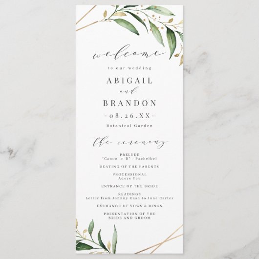 Modern Greenery Gold Geometric Rustic Wedding Programmakaart (Voorkant)