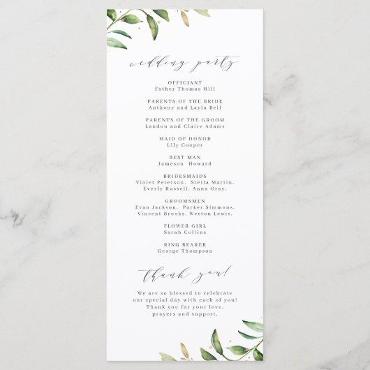 Modern Greenery Gold Geometric Rustic Wedding Programmakaart (Achterkant)