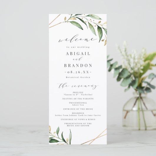 Modern Greenery Gold Geometric Rustic Wedding Programmakaart (Staand voorkant)