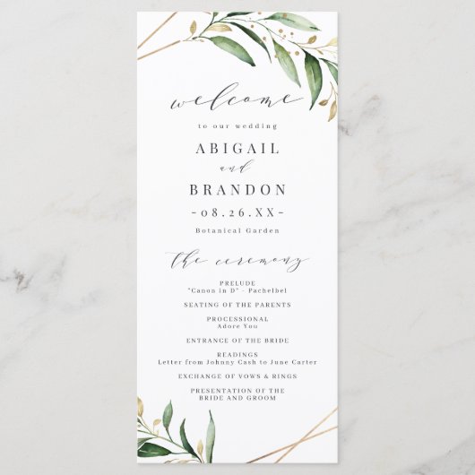 Modern Greenery Gold Geometric Rustic Wedding Programmakaart (Voorkant)