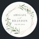 Modern Greenery Gold Geometric Rustic Wedding Ronde Sticker<br><div class="desc">Rustische waterverf botanische foliage groenery design en faux gouden bladbladeren en geometrische lijsten,  met de naam van een paar en de trouwdatum,  eenvoudig en elegant,  geweldig voor een zomerse bruiloft,  botanische tuinbruiloft in de lente. Alle overeenkomende stukken in collectie bekijken</div>