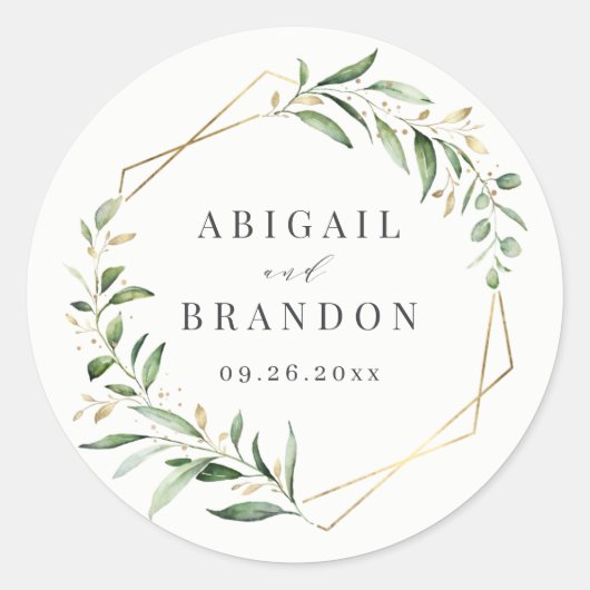Modern Greenery Gold Geometric Rustic Wedding Ronde Sticker (Voorkant)