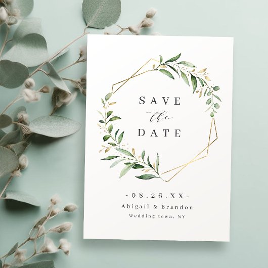 Modern Greenery Gold Geometric Rustic Wedding Save The Date