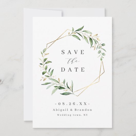 Modern Greenery Gold Geometric Rustic Wedding Save The Date (Voorkant)