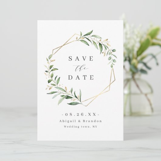 Modern Greenery Gold Geometric Rustic Wedding Save The Date (Staand voorkant)