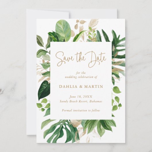 Modern Greenery Gold Geometric Tropical Wedding Save The Date (Voorkant)
