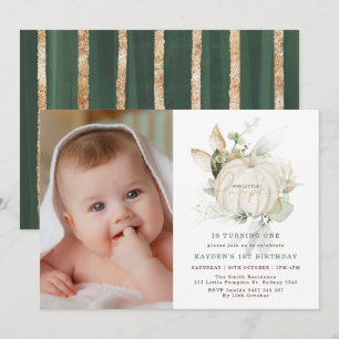 Modern Greenery Gold Little Pumpkin Birthday Foto Kaart