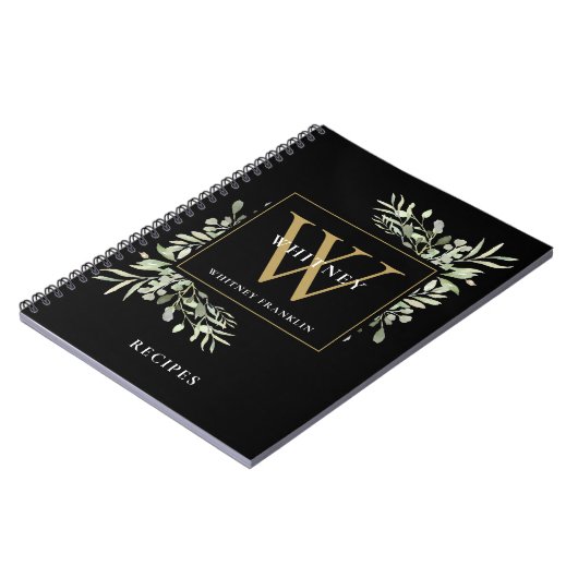 Modern Greenery Gold Monogram Naam Recipe Cookbook Notitieboek (Linkerzijde)