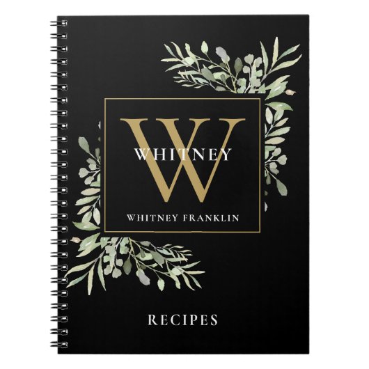 Modern Greenery Gold Monogram Naam Recipe Cookbook Notitieboek (Voorkant)