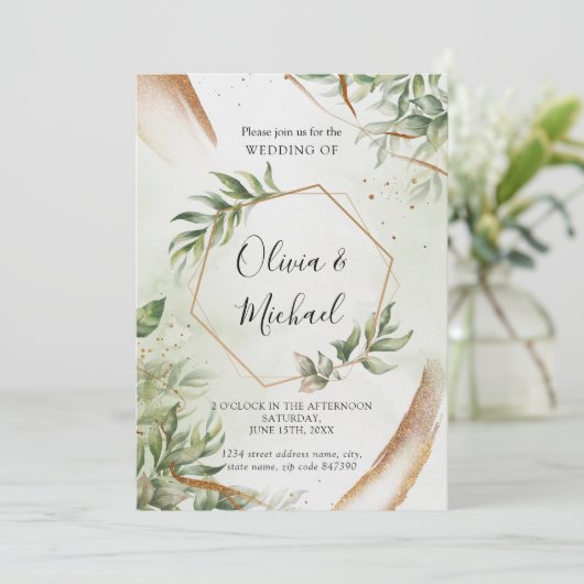 Modern Greenery Gold Wedding Invitation Kaart (Staand voorkant)
