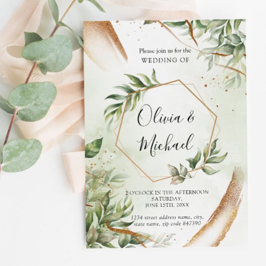 Modern Greenery Gold Wedding Invitation Kaart