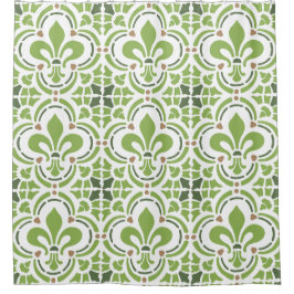Modern Greenery Green Fleur de Lis Quatrefoil Douchegordijn