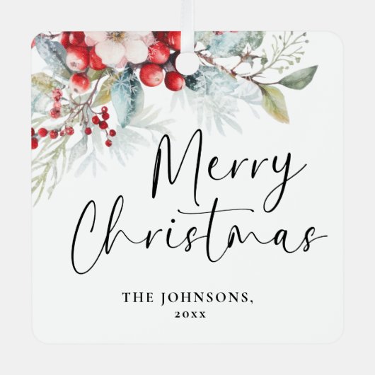 Modern Greenery Kerstscript Familiefoto Metalen Ornament (Voorkant)