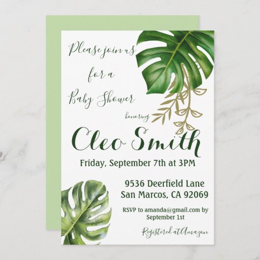 Modern Greenery Leaf Gender Neutral Baby shower Kaart (Voorkant / Achterkant)