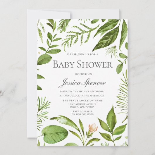 Modern Greenery Leaf Wreath Baby shower Invite Kaart (Voorkant)