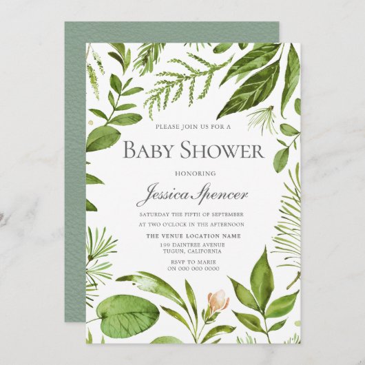 Modern Greenery Leaf Wreath Baby shower Invite Kaart (Voorkant / Achterkant)