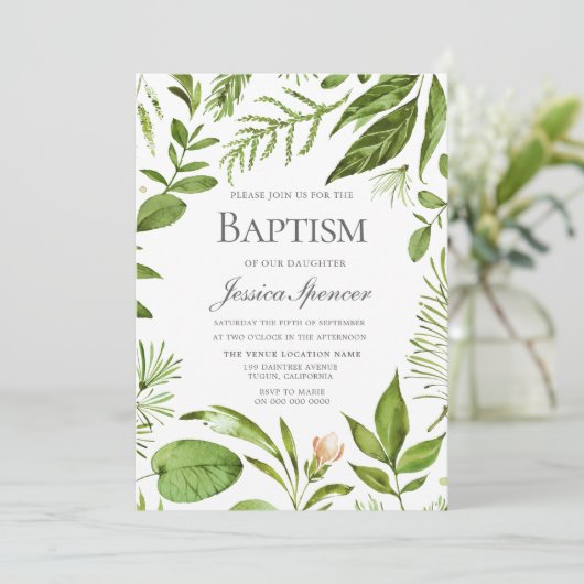 Modern Greenery Leaf Wreath Baptism Invite Kaart (Staand voorkant)