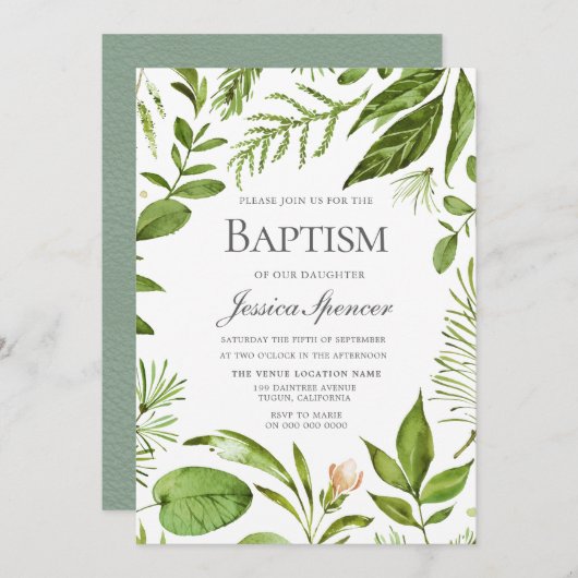 Modern Greenery Leaf Wreath Baptism Invite Kaart (Voorkant / Achterkant)