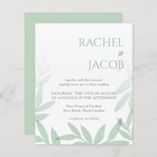 Modern Greenery Leaves Wedding Invitation (Voorkant / Achterkant)