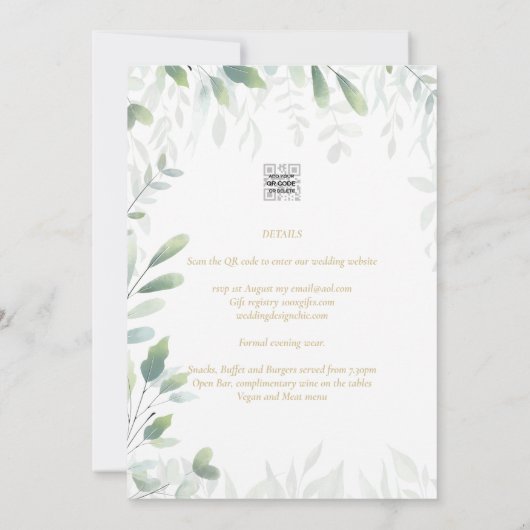 Modern Greenery Leaves Wedding QR Coded RSVP Kaart (Achterkant)