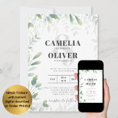 Modern Greenery Leaves Wedding QR Coded RSVP Kaart