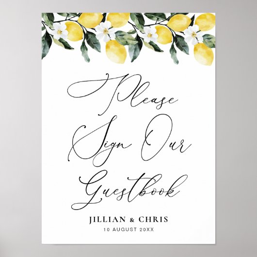 Modern Greenery Lemon Floral Guestbook Sign Poster (Voorkant)