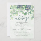 Modern Greenery Oh Boy Blue Floral Baby shower Kaart (Voorkant)