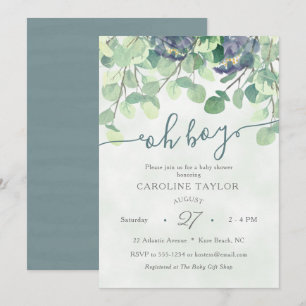 Modern Greenery Oh Boy Blue Floral Baby shower Kaart