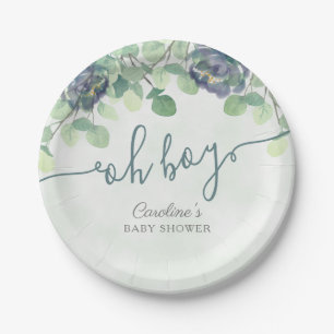 Modern Greenery Oh Boy Blue Floral Baby shower Papieren Bordje