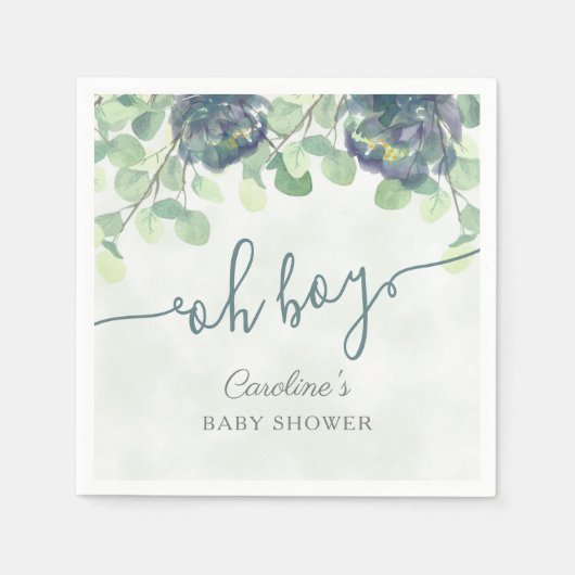 Modern Greenery Oh Boy Blue Floral Baby shower Servet (Voorkant)