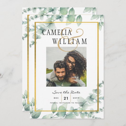 Modern Greenery PHOTO Wedding Save the Date QRcode Kaart (Voorkant / Achterkant)