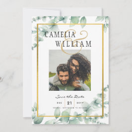 Modern Greenery PHOTO Wedding Save the Date QRcode Kaart